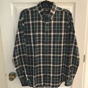 Express Men’s Performance Stretch Button Down, Size S, Green/Black/White Plaid